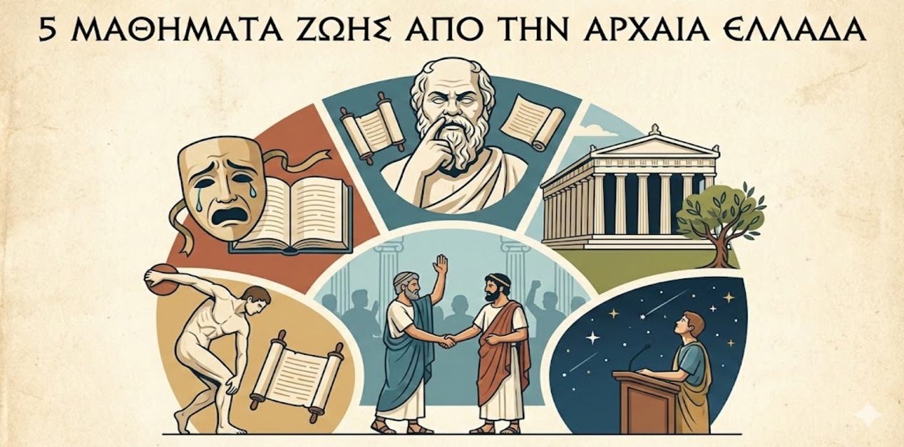 Εικονογράφηση που παρουσιάζει τα "5 Μαθήματα Ζωής από την Αρχαία Ελλάδα" μέσα από πέντε τμήματα που απεικονίζουν τον Σωκράτη, μια μάσκα τραγωδίας, τον Παρθενώνα, μια σκηνή δημοκρατίας και έναν αθλητή.