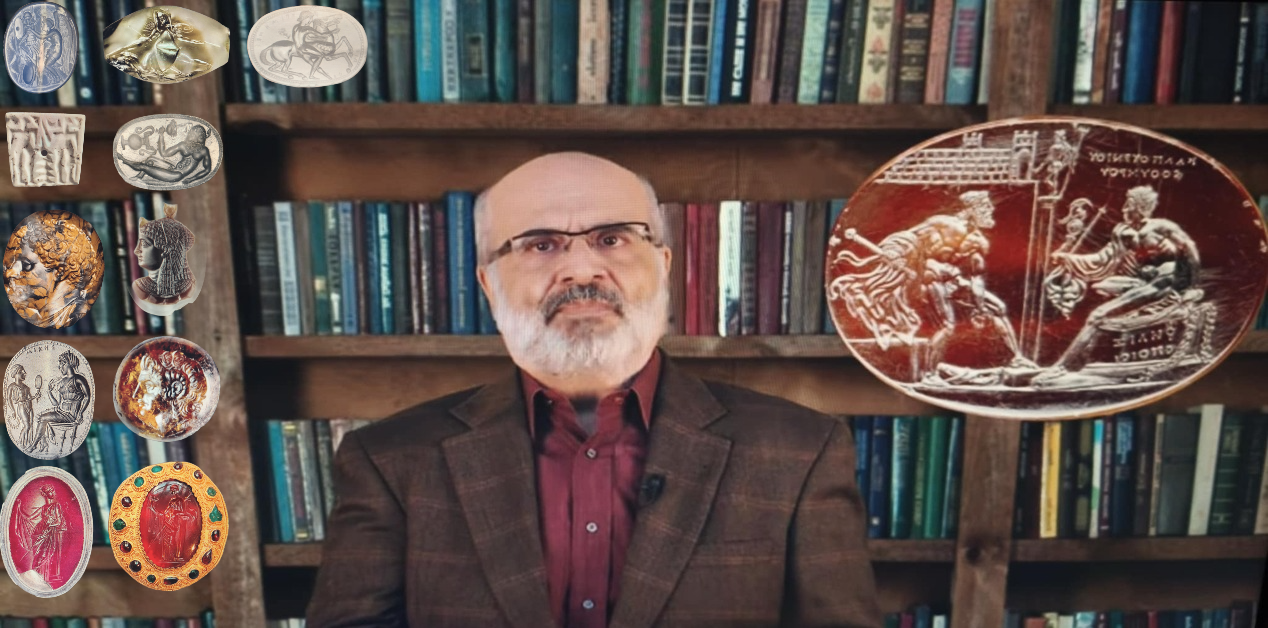 Η εικόνα πλαισιώνεται από διάφορους αρχαίους ελληνικούς σφραγιδόλιθους και δακτυλιόλιθους που απεικονίζουν μυθολογικές σκηνές και μορφές.