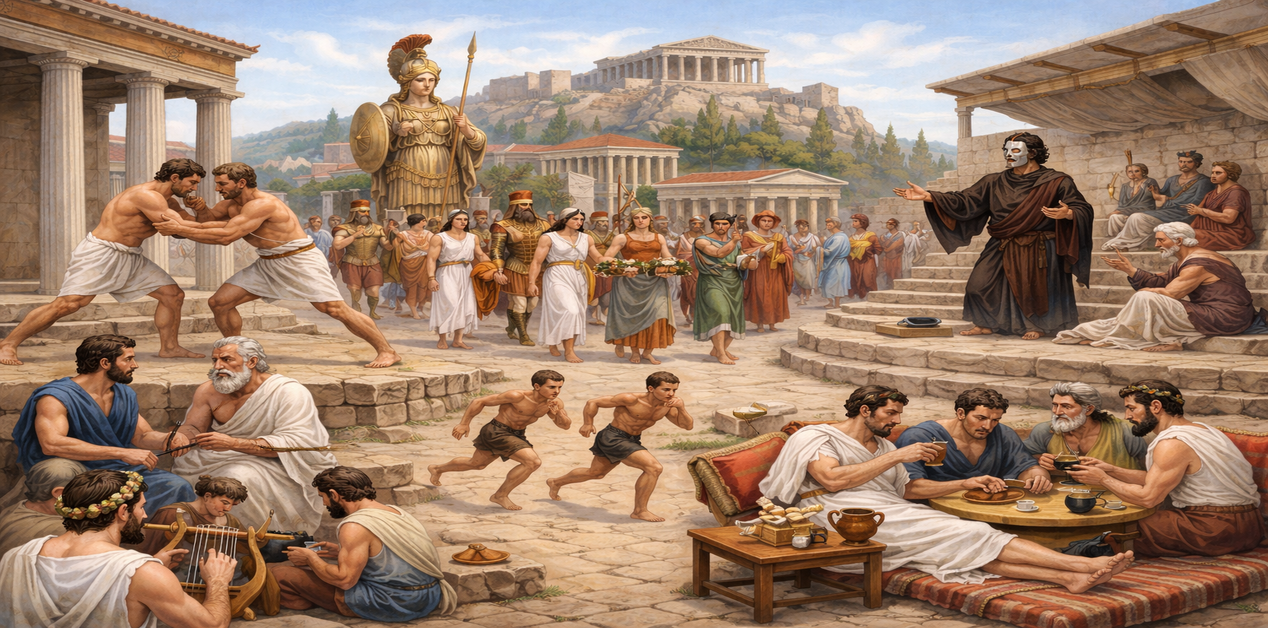 Αρχαίοι Έλληνες περνούν τον ελεύθερο χρόνο τους με αθλητισμό, φιλοσοφία, θέατρο, μουσική και συμπόσια στην Αρχαία Αθήνα.