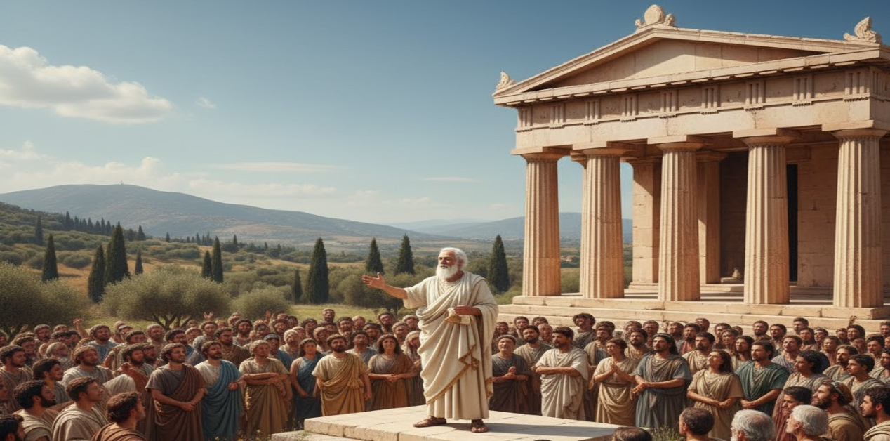 Διαχρονικά διδάγματα του Ισοκράτη - Ο αρχαίος Έλληνας ρήτορας, με λευκό χιτώνα, μιλάει σε συγκεντρωμένο πλήθος πολιτών μπροστά από έναν αρχαίο ναό με κίονες, σε ένα καταπράσινο φυσικό τοπίο με ελιές υπό το φως του ηλιοβασιλέματος.