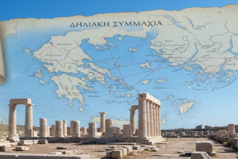 Ήταν η Δηλιακή Συμμαχία το ΝΑΤΟ του Αρχαίου Ελληνικού Κόσμου; - Σύνθεση εικόνας με χάρτη της αρχαίας Δηλιακής Συμμαχίας σε πάπυρο πάνω από φωτογραφία του αρχαιολογικού χώρου της Δήλου με μαρμάρινες κολώνες και ερείπια αρχαίων ναών.