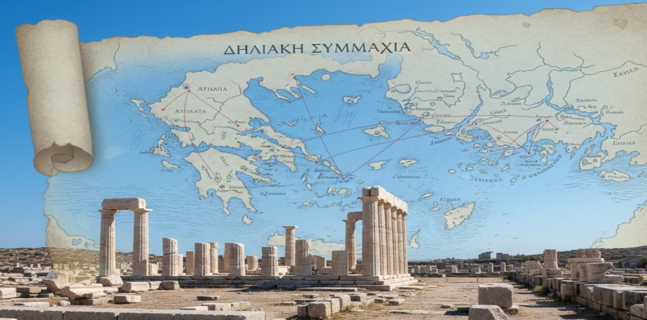 Ήταν η Δηλιακή Συμμαχία το ΝΑΤΟ του Αρχαίου Ελληνικού Κόσμου; - Σύνθεση εικόνας με χάρτη της αρχαίας Δηλιακής Συμμαχίας σε πάπυρο πάνω από φωτογραφία του αρχαιολογικού χώρου της Δήλου με μαρμάρινες κολώνες και ερείπια αρχαίων ναών.
