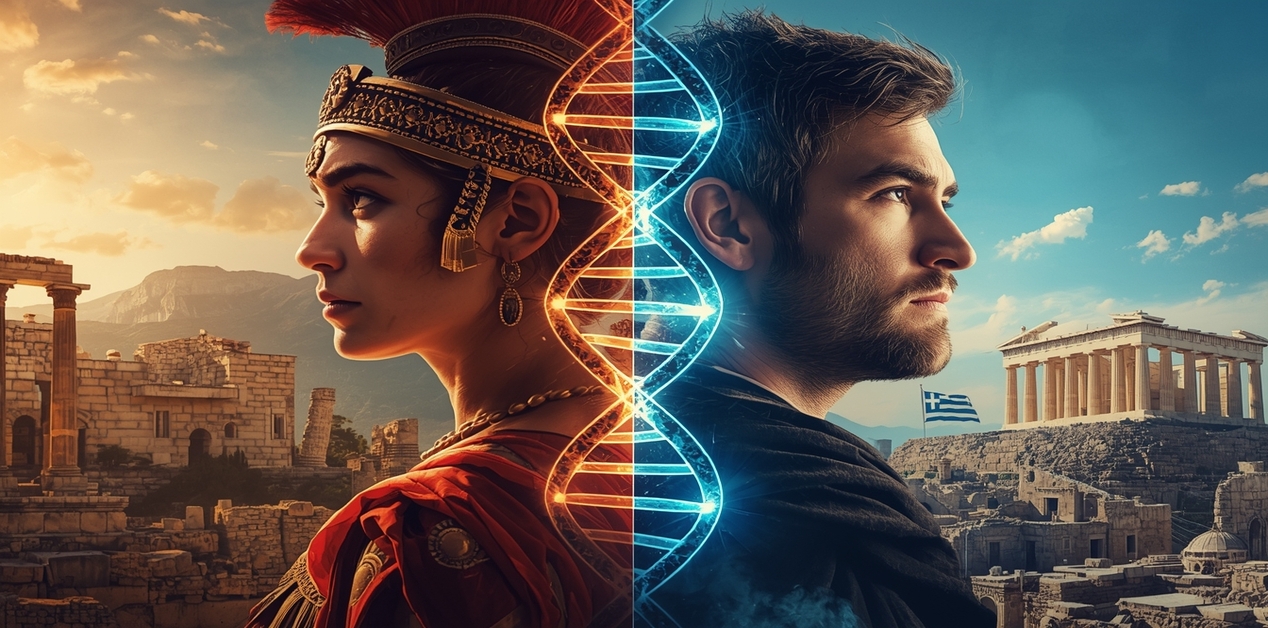 Ψηφιακή σύνθεση που απεικονίζει το προφίλ μιας αρχαίας Ελληνίδας πολεμίστριας και ενός σύγχρονου Έλληνα άνδρα, χωρισμένους από μια φωτεινή έλικα DNA. Στο φόντο διακρίνονται αρχαίοι ναοί και ο Παρθενώνας με την ελληνική σημαία.