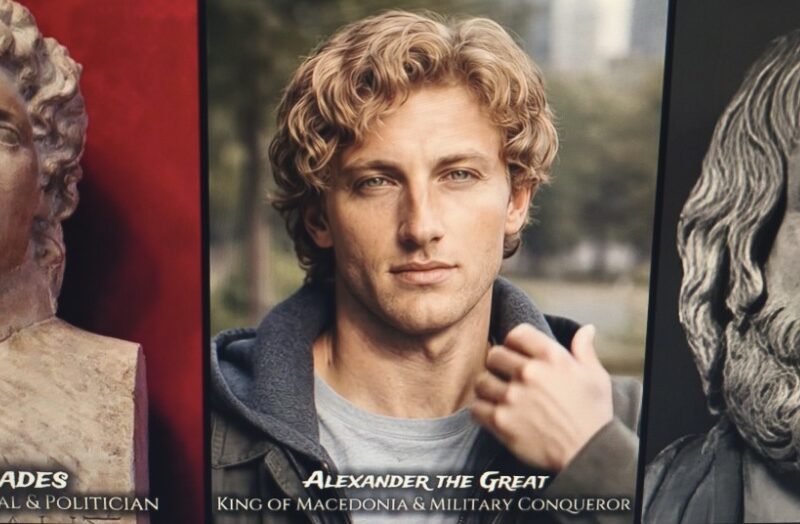 Στο κέντρο εμφανίζεται μια ψηφιακή αναπαράσταση του Μεγάλου Αλεξάνδρου