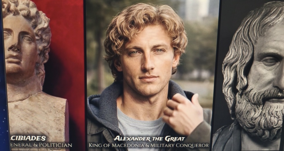 Στο κέντρο εμφανίζεται μια ψηφιακή αναπαράσταση του Μεγάλου Αλεξάνδρου