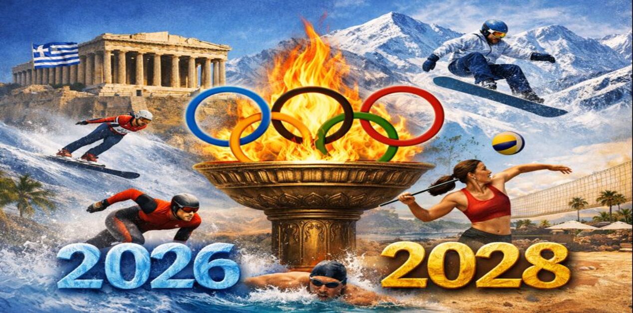 Ολυμπιακή φλόγα με τους πέντε κύκλους μπροστά από τον Παρθενώνα, χειμερινά και θερινά αθλήματα που συμβολίζουν τους Ολυμπιακούς Αγώνες 2026 και 2028 και την ελληνική Ολυμπιακή κληρονομιά.