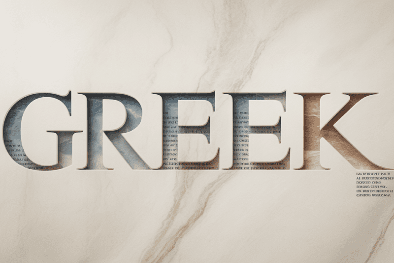Μια καλλιτεχνική απεικόνιση της λέξης 'GREEK' σκαλισμένης σε λευκό μάρμαρο με νερά. Στο εσωτερικό των γραμμάτων διακρίνονται αποσπάσματα αρχαίων κειμένων, ενώ η υφή συνδυάζει στοιχεία πέτρας, θάλασσας και γης.