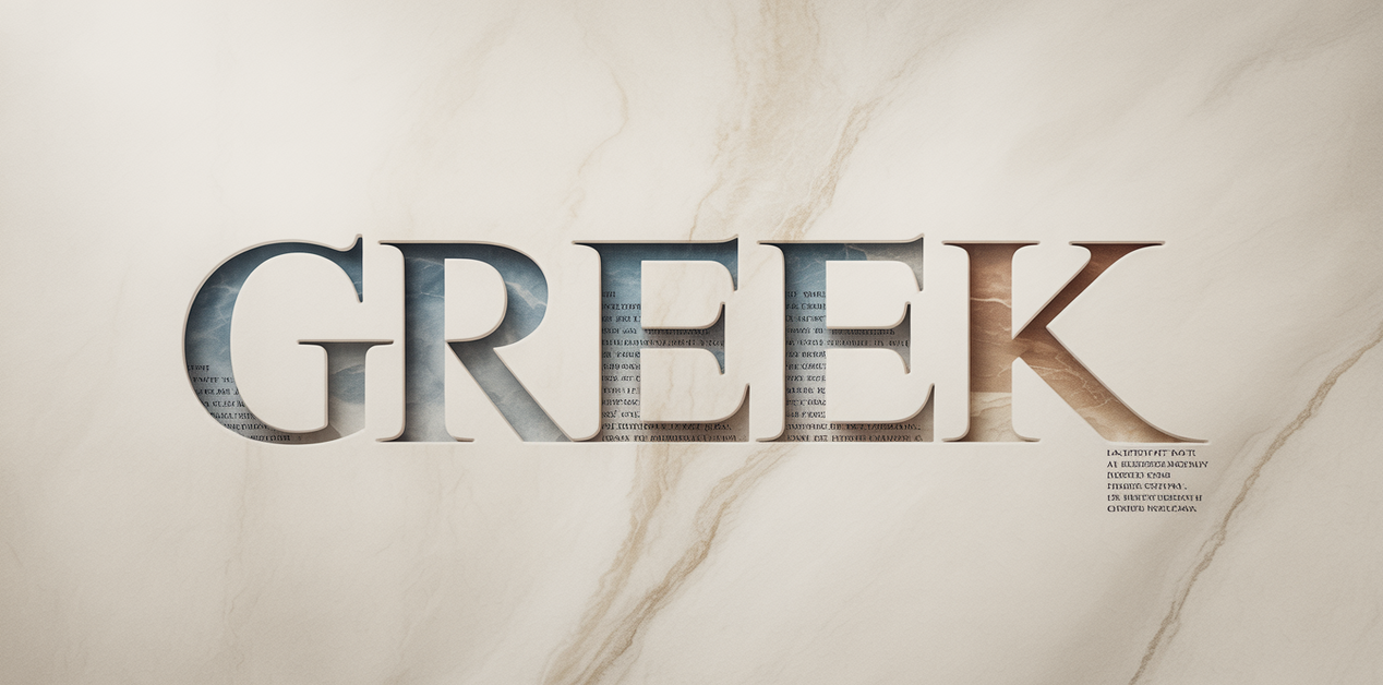 Μια καλλιτεχνική απεικόνιση της λέξης 'GREEK' σκαλισμένης σε λευκό μάρμαρο με νερά. Στο εσωτερικό των γραμμάτων διακρίνονται αποσπάσματα αρχαίων κειμένων, ενώ η υφή συνδυάζει στοιχεία πέτρας, θάλασσας και γης.