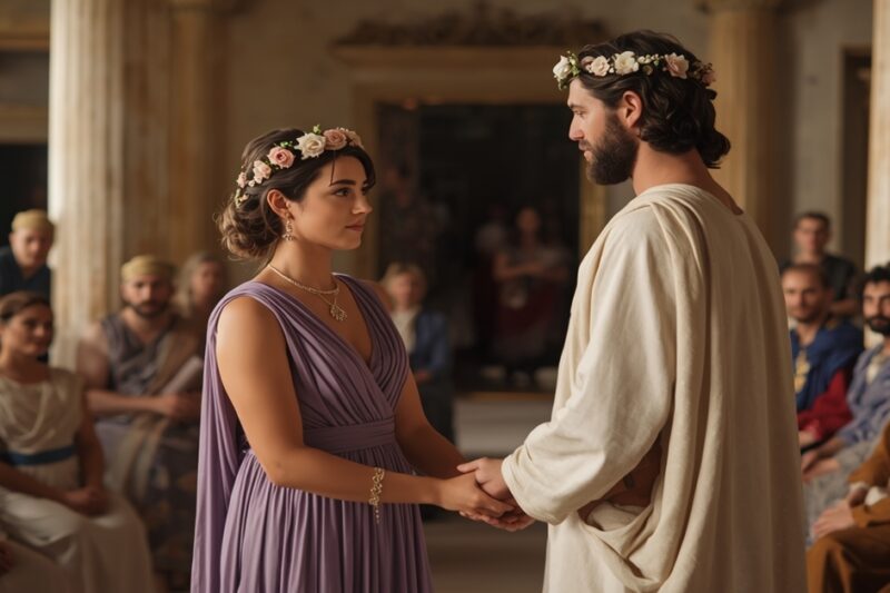 Μια καλλιτεχνική αναπαράσταση αρχαιοελληνικού γάμου. Ένα ζευγάρι στέκεται στο κέντρο μιας αίθουσας με κίονες, κρατώντας τα χέρια του και κοιτάζοντας ο ένας τον άλλον. Η νύφη φοράει μωβ χιτώνα και ο γαμπρός λευκό, ενώ και οι δύο φορούν στεφάνια από λουλούδια στα μαλλιά. Στο βάθος διακρίνονται καλεσμένοι που παρακολουθούν την τελετή.