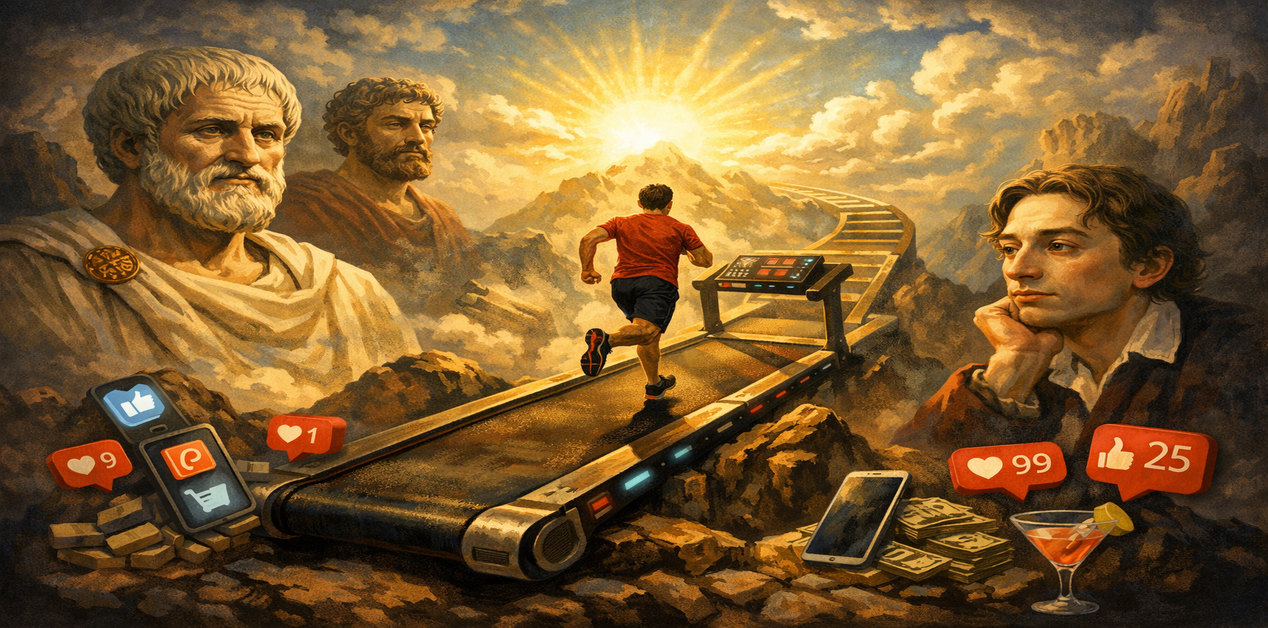 Ηδονικός διάδρομος: άνθρωπος τρέχει σε διάδρομο ενώ φιλόσοφοι παρατηρούν την αναζήτηση της ευτυχίας