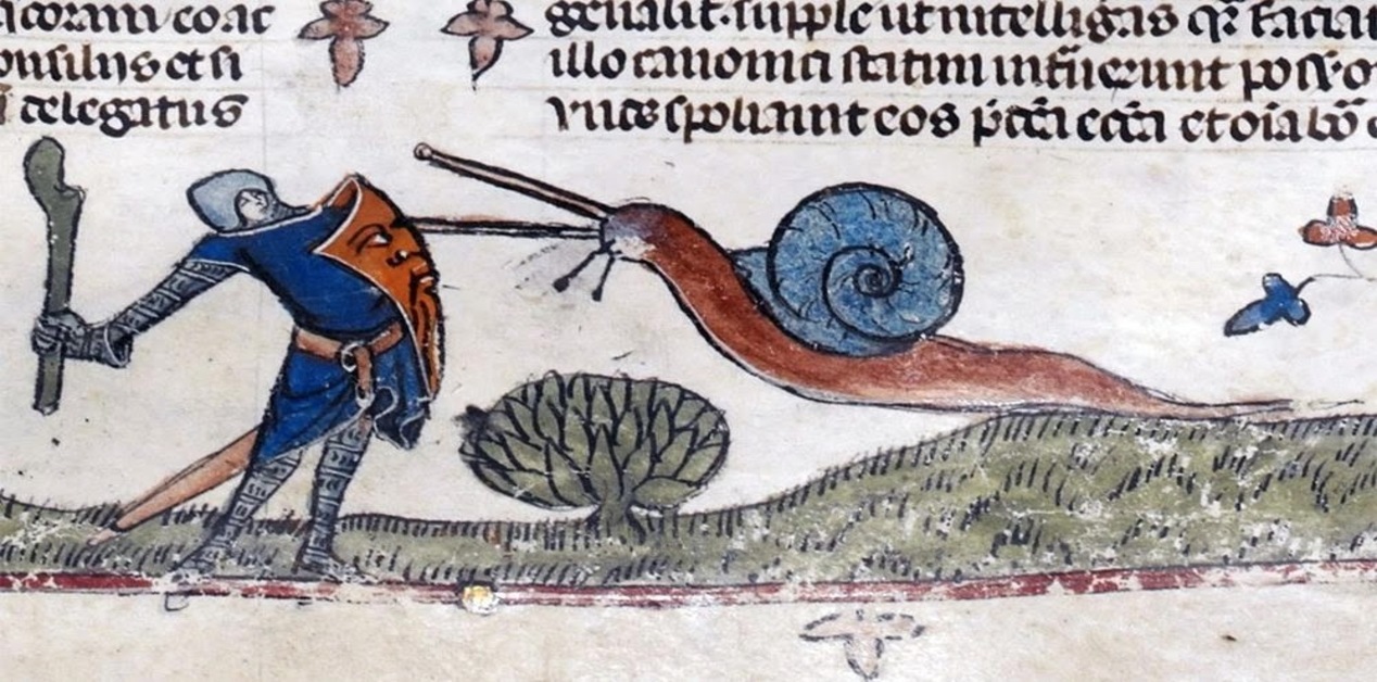 Μικρογραφία από μεσαιωνικό χειρόγραφο που απεικονίζει έναν ένοπλο ιππότη σε στάση άμυνας απέναντι σε ένα γιγάντιο σαλιγκάρι.