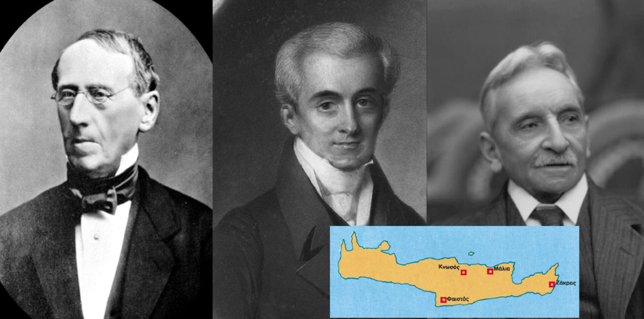 Σύνθεση εικόνων που περιλαμβάνει πορτρέτα των Ιωάννη Καποδίστρια και Άρθουρ Έβανς, μαζί με έναν χάρτη της Κρήτης που σημειώνει τα κύρια μινωικά ανάκτορα: Κνωσός, Φαιστός, Μάλια και Ζάκρος.