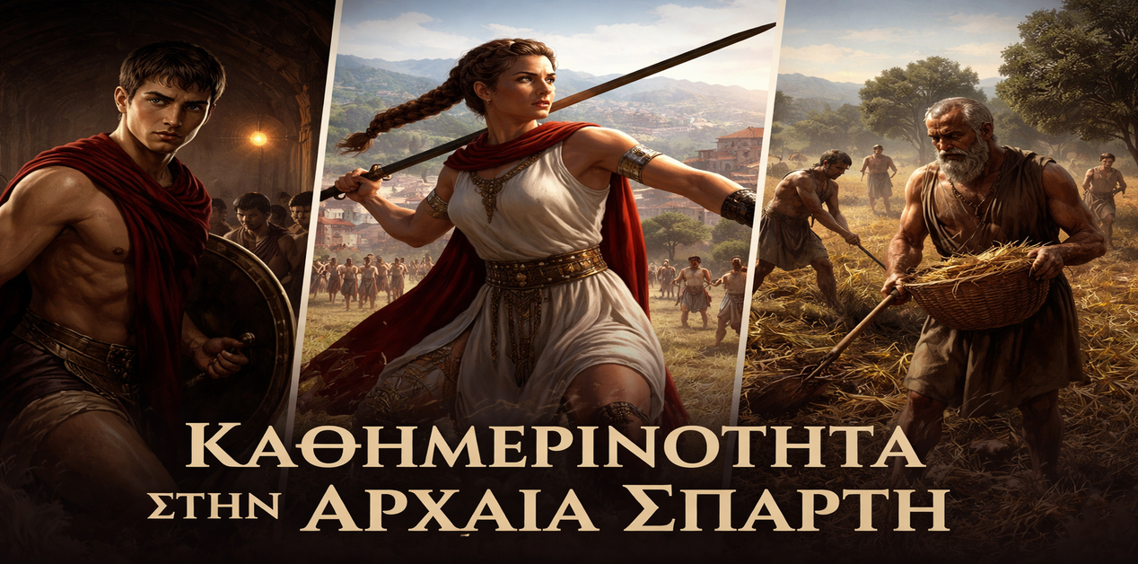 Η καθημερινή ζωή στην Αρχαία Σπάρτη: νεαρός Σπαρτιάτης με ασπίδα, γυναίκα μαχήτρια με δόρυ, και ηλικιωμένος εργάτης στα χωράφια
