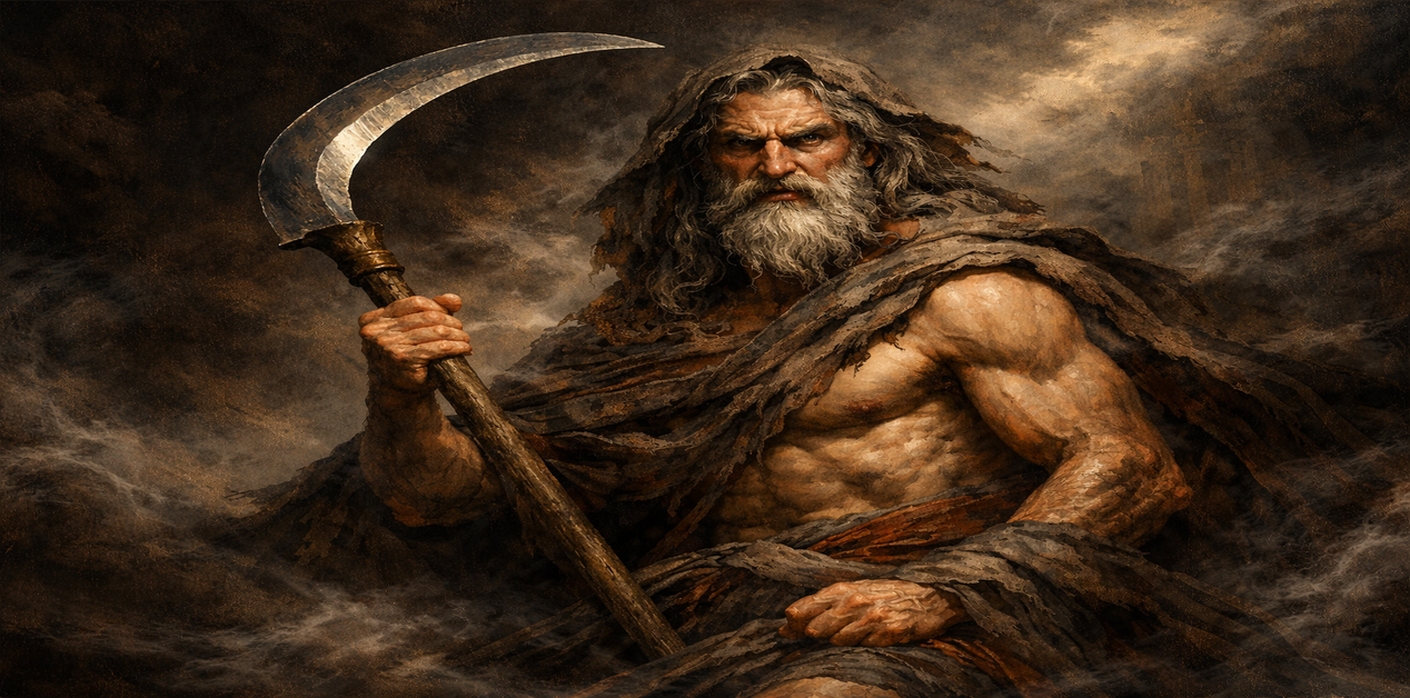 Απεικόνιση του Τιτάνα Κρόνου από την ελληνική μυθολογία. Ένας μυώδης ηλικιωμένος άνδρας με γκρίζα γένια και άγριο βλέμμα, κρατά ένα μεγάλο δρεπάνι ανάμεσα σε σύννεφα σκόνης και ομίχλης.