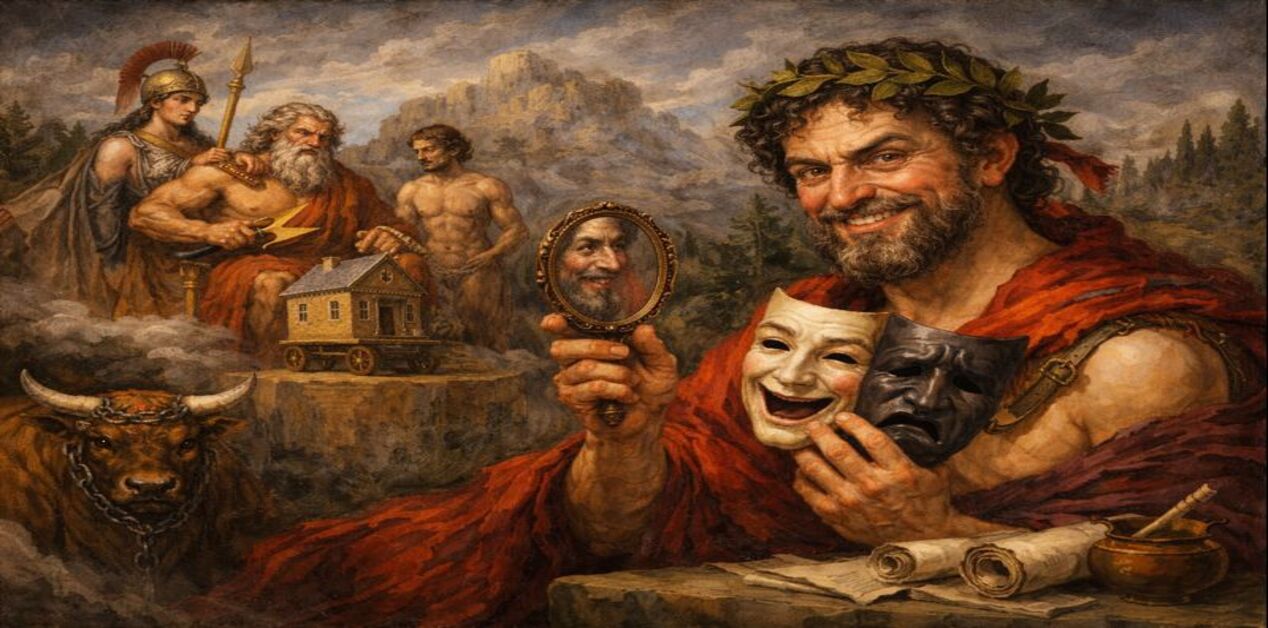 Ο Μώμος, αρχαίος ελληνικός θεός της σάτιρας και της ειρωνείας, κρατά μάσκα γελωτοποιού και καθρέφτη, ενώ στο βάθος φαίνονται οι θεοί του Ολύμπου