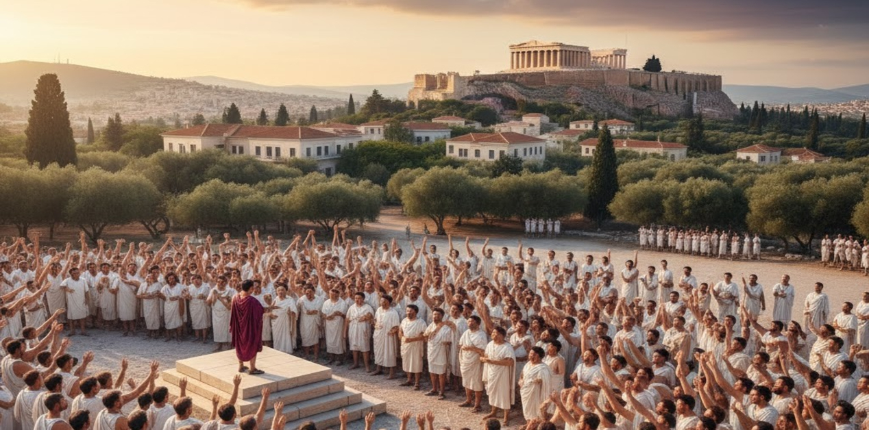 Οι Αρχαίοι Ελληνικοί Μύθοι της Δημοκρατίας που Αγαπούν οι Πολιτικοί - Ψηφιακή αναπαράσταση της αρχαίας Πνύκας με πλήθος Αθηναίων πολιτών να συγκεντρώνονται γύρω από το βήμα του ρήτορα, με φόντο την Ακρόπολη και τον Παρθενώνα υπό το φως του δειλινού.