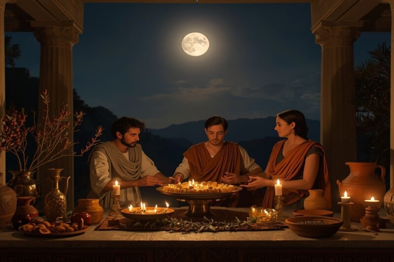 Τρεις αρχαίοι με ενδύματα αρχαιοελληνικού στυλ κάθονται γύρω από ένα τραπέζι γεμάτο προσφορές, κάτω από το φως της πανσελήνου. Το σκηνικό πλαισιώνεται από δωρικούς κίονες και περιλαμβάνει αναμμένα κεριά, πήλινα σκεύη και καρπούς, με φόντο μια ορεινή κοιλάδα τη νύχτα.