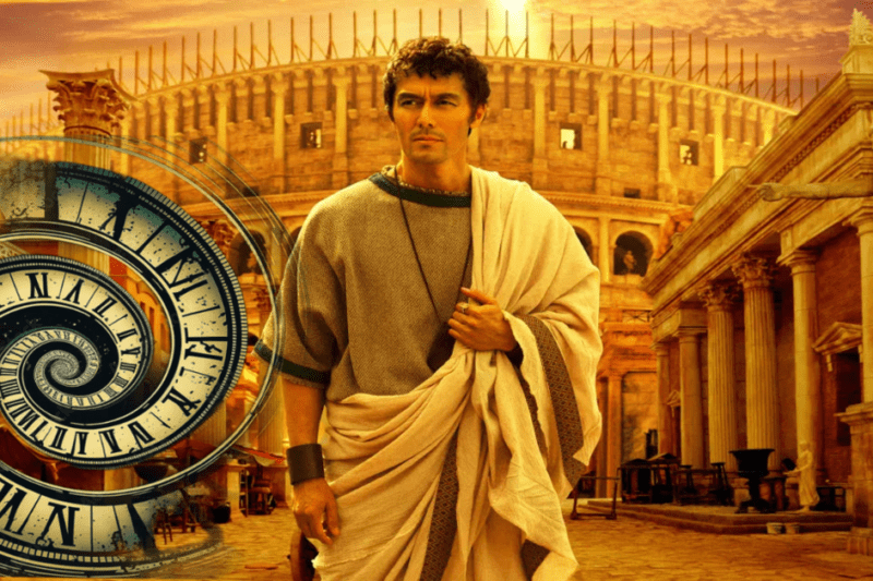 Ρωμαίος αρχιτέκτονας του 2ου αιώνα μ.Χ. μπροστά σε μνημειακά κτίρια της αρχαίας Ρώμης, με σύμβολο σπείρας χρόνου που υποδηλώνει ταξίδι στον χρόνο.