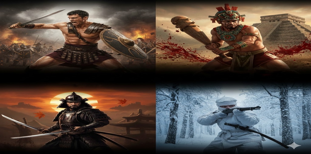 Τέσσερις πολεμιστές από διαφορετικές ιστορικές περιόδους: αρχαίος οπλίτης, πολεμιστής της Μεσοαμερικής, σαμουράι και σύγχρονος στρατιώτης σε χειμερινό πεδίο μάχης.
