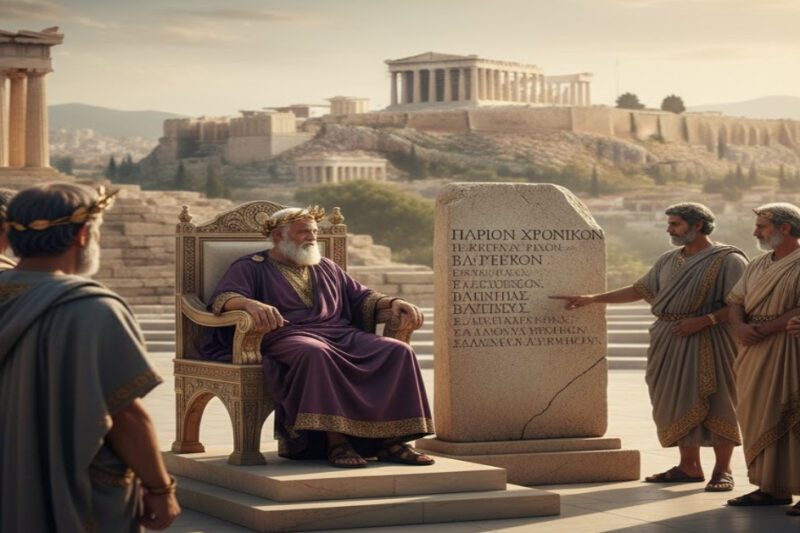 Η εκπληκτική αλήθεια για τους βασιλιάδες στην αρχαία Αθήνα - Ψηφιακή απεικόνιση αρχαίου Αθηναίου βασιλιά σε θρόνο, δίπλα σε επιγραφή του Παρίου Χρονικού, με την Ακρόπολη στο βάθος και πλήθος ανδρών με χιτώνες.