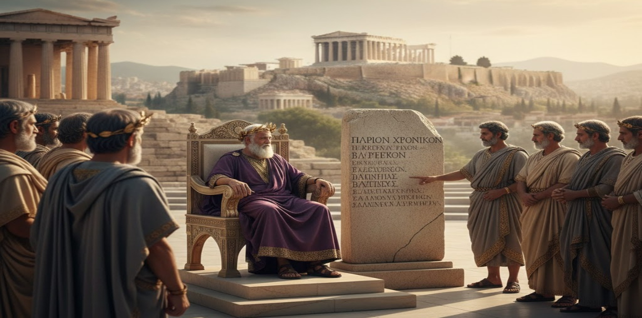 Η εκπληκτική αλήθεια για τους βασιλιάδες στην αρχαία Αθήνα - Ψηφιακή απεικόνιση αρχαίου Αθηναίου βασιλιά σε θρόνο, δίπλα σε επιγραφή του Παρίου Χρονικού, με την Ακρόπολη στο βάθος και πλήθος ανδρών με χιτώνες.