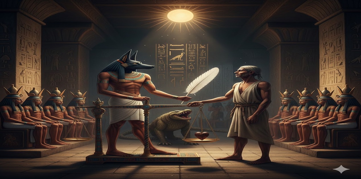 Ο Άνουβις ζυγίζει την καρδιά ενός νεκρού στην Αίθουσα της Κρίσης στην αρχαία Αίγυπτο, σύμφωνα με το Τελετουργικό της Ζύγισης της Ψυχής.