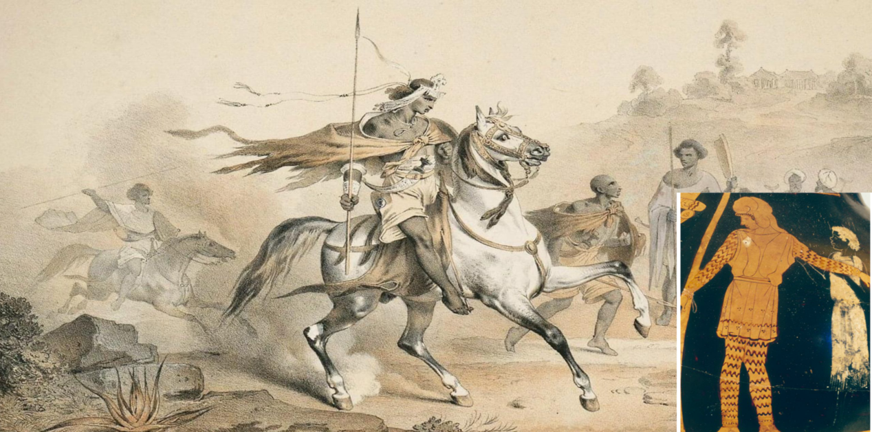 Σύνθετη εικόνα που απεικονίζει στην αριστερή πλευρά μια έγχρωμη λιθογραφία με έναν έφιππο πολεμιστή που κρατά δόρυ, πλαισιωμένο από άλλες μορφές σε τοπίο, και στη δεξιά πλευρά (ένθετη) μια λεπτομέρεια από αρχαίο ελληνικό αγγείο που δείχνει μια μορφή με παραδοσιακή ενδυμασία.