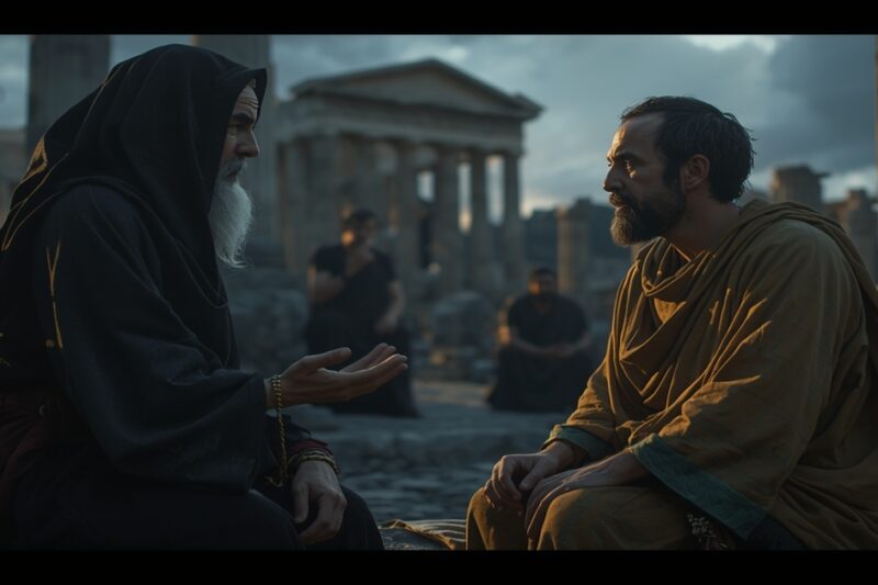 Δύο άνδρες με αρχαιοελληνικές ενδυμασίες συνομιλούν σε έναν αρχαιολογικό χώρο με ναούς στο φόντο κατά το σούρουπο. Ο ένας φορά μαύρο μανδύα με κουκούλα και έχει λευκή γενειάδα, ενώ ο άλλος φορά κίτρινο χιτώνα και τον ακούει με προσήλωση.