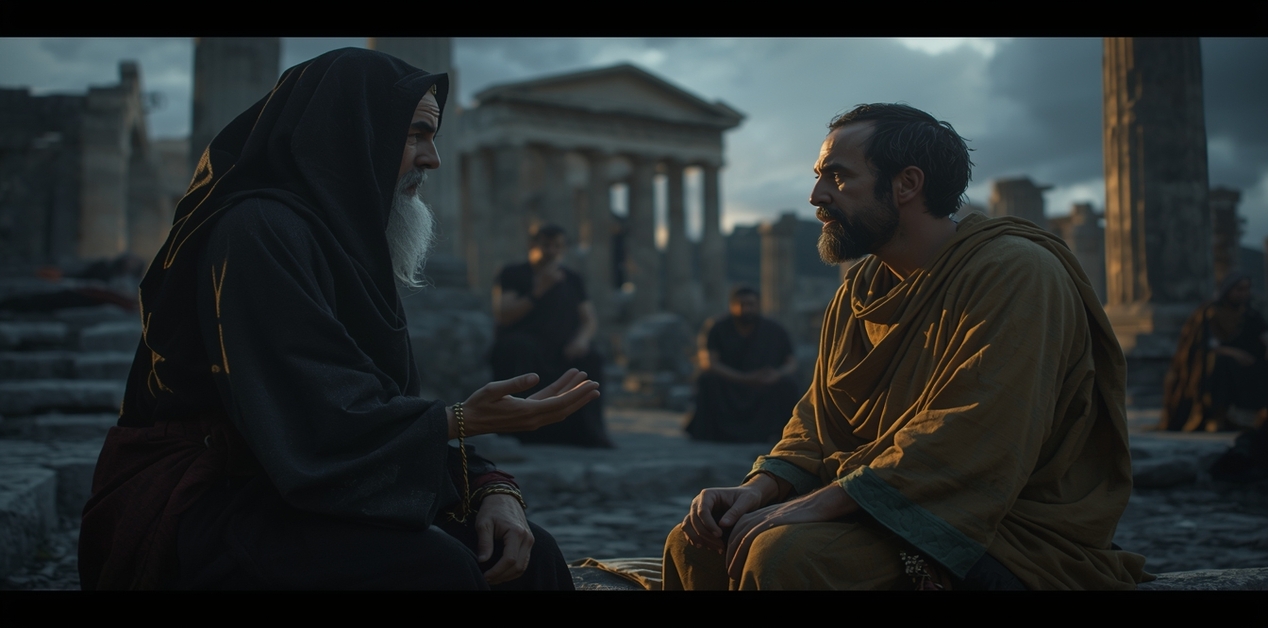 Δύο άνδρες με αρχαιοελληνικές ενδυμασίες συνομιλούν σε έναν αρχαιολογικό χώρο με ναούς στο φόντο κατά το σούρουπο. Ο ένας φορά μαύρο μανδύα με κουκούλα και έχει λευκή γενειάδα, ενώ ο άλλος φορά κίτρινο χιτώνα και τον ακούει με προσήλωση.