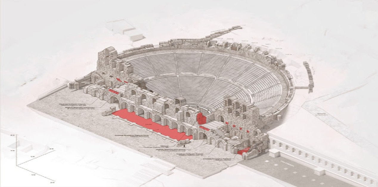 Τρισδιάστατο αρχιτεκτονικό σχέδιο αναστήλωσης του Ωδείου Ηρώδου Αττικού με επεξηγηματικές σημειώσεις για τις δομικές παρεμβάσεις. Μετά από δεκαετίες, το Ωδείο Ηρώδου Αττικού εισέρχεται σε τροχιά ολικής αναγέννησης. Το Υπουργείο Πολιτισμού, σε συνεργασία με το ΕΜΠ, ξεκινά ένα γιγαντιαίο αναστηλωτικό έργο που θα διαρκέσει τρία χρόνια.