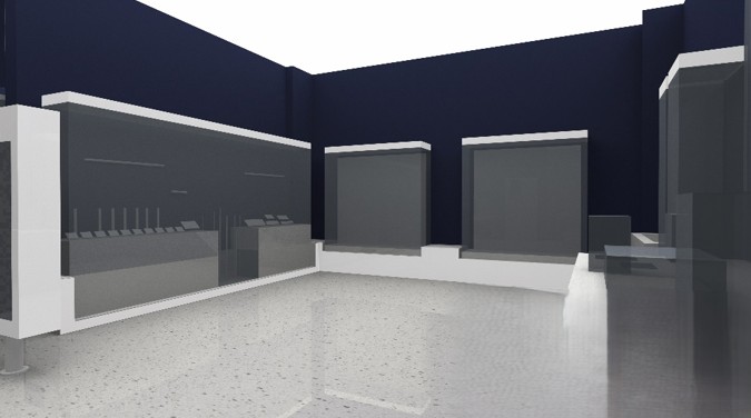 Ψηφιακή απεικόνιση ή τρισδιάστατο μοντέλο του εσωτερικού χώρου μιας αίθουσας μουσείου. Διακρίνονται μοντέρνες, γυάλινες προθήκες με λευκά πλαίσια τοποθετημένες μπροστά από σκουρόχρωμους μπλε τοίχους, σε έναν χώρο με ανοιχτόχρωμο δάπεδο και μινιμαλιστική αισθητική.
