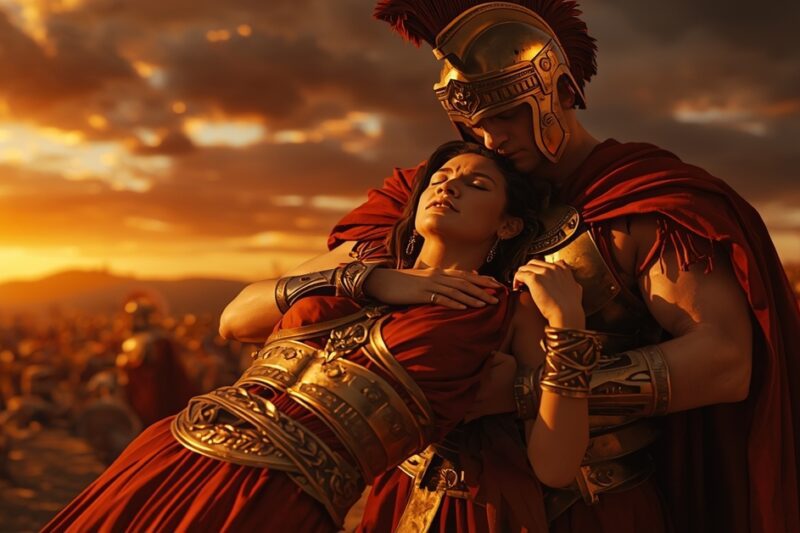 Ο Αχιλλέας κρατά την ετοιμοθάνατη Πενθεσίλεια στο πεδίο της μάχης της Τροίας, σε σκηνή κεραυνοβόλου έρωτα και τραγικής μοίρας.