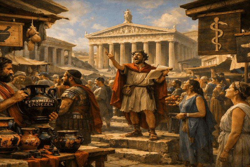 Αρχαία ελληνική αγορά με εμπόρους που πωλούν κεραμικά αγγεία, κήρυκα που ανακοινώνει γεγονότα και πινακίδες με σύμβολα επαγγελμάτων μπροστά από ναό.