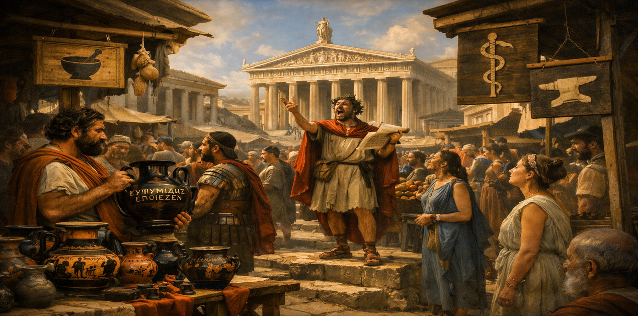 Αρχαία ελληνική αγορά με εμπόρους που πωλούν κεραμικά αγγεία, κήρυκα που ανακοινώνει γεγονότα και πινακίδες με σύμβολα επαγγελμάτων μπροστά από ναό.