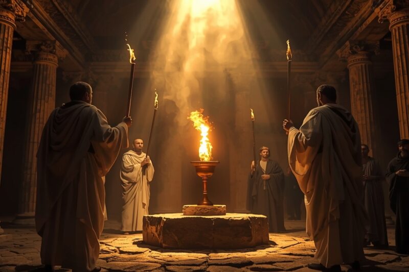 Ψηφιακή καλλιτεχνική αναπαράσταση του εσωτερικού του Τελεστηρίου της Ελευσίνας, με άνδρες με χιτώνες να κρατούν δάδες γύρω από έναν κεντρικό βωμό με φωτιά, κάτω από μια δέσμη φωτός.