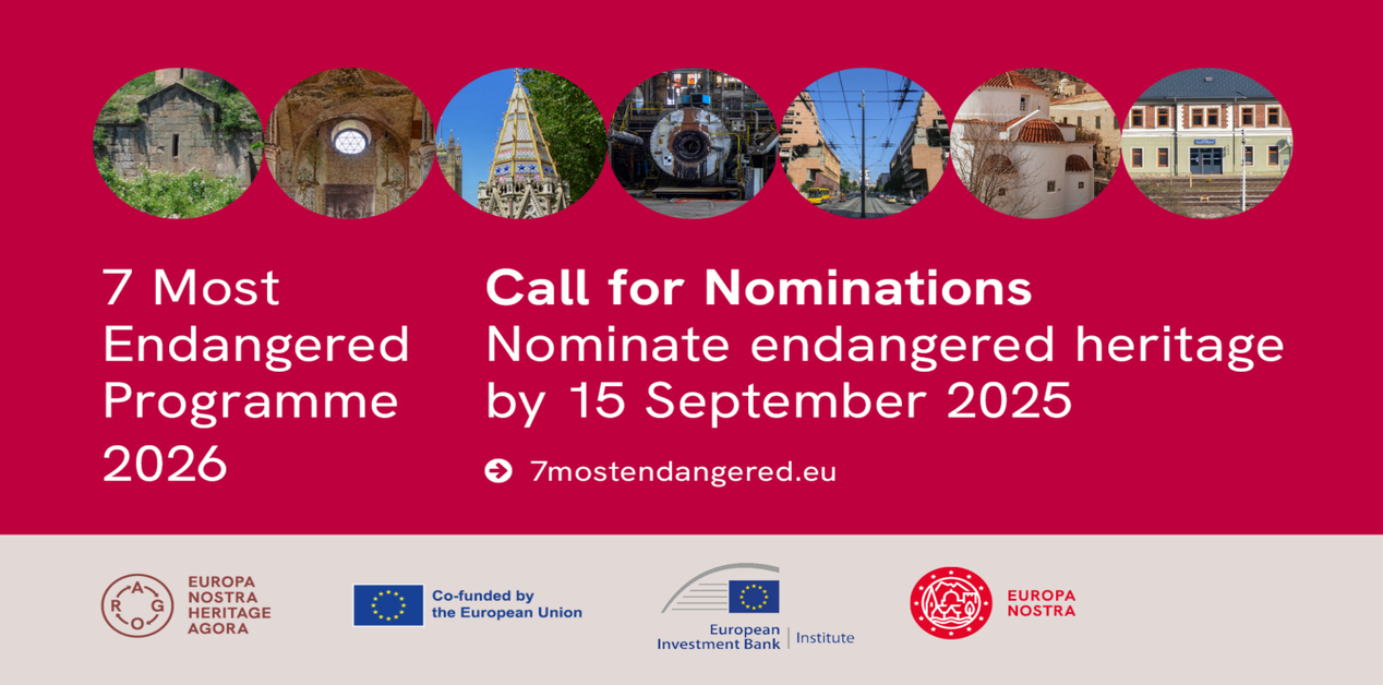 Ένα γραφικό banner σε σκούρο κόκκινο και κρεμ χρώμα για το πρόγραμμα '7 Most Endangered Programme 2026' της Europa Nostra. Στην κορυφή, υπάρχουν επτά κυκλικά εικονίδια που δείχνουν διαφορετικά μνημεία πολιτιστικής κληρονομιάς. Το κείμενο καλεί για υποψηφιότητες έως τις 15 Σεπτεμβρίου 2025.