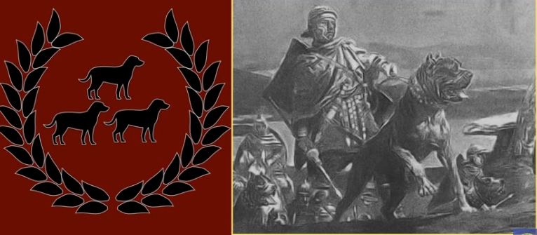 Ασπρόμαυρη απεικόνιση ενός μεγαλόσωμου σκύλου Μολοσσού δίπλα σε Ρωμαίο στρατιώτη.