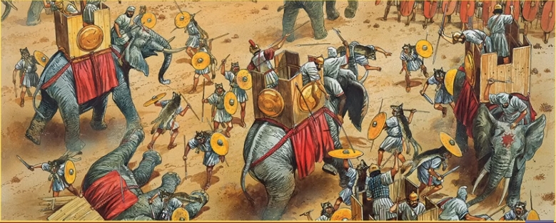 Έγχρωμη εικονογράφηση πολεμικών ελεφάντων με πύργους στην πλάτη τους σε πεδίο μάχης.
