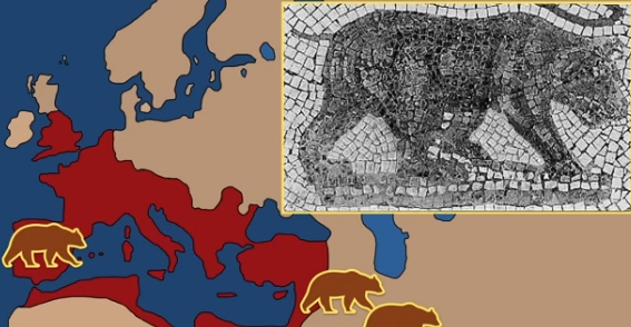 Χάρτης της Ρωμαϊκής Αυτοκρατορίας με εικονίδια αρκούδας και ένα μωσαϊκό αρκούδας σε ένθετο.