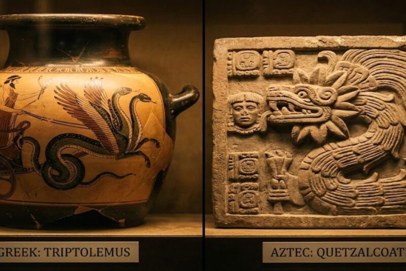 Το μυστηριώδες φτερωτό φίδι που συνδέει τους αρχαίους Έλληνες και τους Αζτέκους - Φωτογραφία μουσειακής προθήκης χωρισμένης κάθετα στα δύο. Αριστερά, ένα αρχαίο ελληνικό αγγείο με ερυθρόμορφη παράσταση του Τριπτόλεμου σε άρμα που το σέρνουν φτερωτά φίδια και την ετικέτα "GREEK: TRIPTOLEMUS". Δεξιά, ένα πέτρινο ανάγλυφο των Αζτέκων που απεικονίζει τον θεό Κετζαλκόατλ ως φτερωτό φίδι με την ετικέτα "AZTEC: QUETZALCOATL".