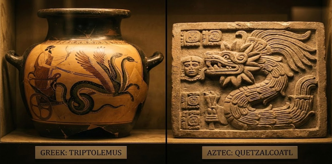 Το μυστηριώδες φτερωτό φίδι που συνδέει τους αρχαίους Έλληνες και τους Αζτέκους - Φωτογραφία μουσειακής προθήκης χωρισμένης κάθετα στα δύο. Αριστερά, ένα αρχαίο ελληνικό αγγείο με ερυθρόμορφη παράσταση του Τριπτόλεμου σε άρμα που το σέρνουν φτερωτά φίδια και την ετικέτα "GREEK: TRIPTOLEMUS". Δεξιά, ένα πέτρινο ανάγλυφο των Αζτέκων που απεικονίζει τον θεό Κετζαλκόατλ ως φτερωτό φίδι με την ετικέτα "AZTEC: QUETZALCOATL".