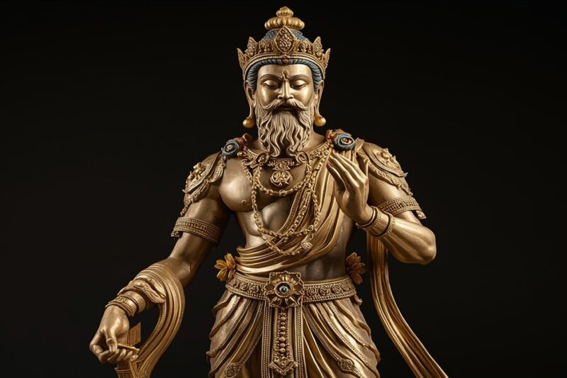 Ένα χρυσό άγαλμα μιας μυώδους ανδρικής μορφής που συνδυάζει ελληνιστικά και ανατολικά στοιχεία. Η μορφή έχει πυκνή γενειάδα, φοράει περίτεχνα κοσμήματα και στέμμα, ενώ η στάση του σώματος και οι λεπτομέρειες των μυών θυμίζουν τον Ηρακλή, ενσωματωμένο σε μια βουδιστική θρησκευτική αισθητική.