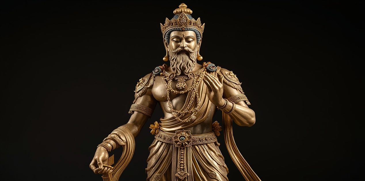 Ένα χρυσό άγαλμα μιας μυώδους ανδρικής μορφής που συνδυάζει ελληνιστικά και ανατολικά στοιχεία. Η μορφή έχει πυκνή γενειάδα, φοράει περίτεχνα κοσμήματα και στέμμα, ενώ η στάση του σώματος και οι λεπτομέρειες των μυών θυμίζουν τον Ηρακλή, ενσωματωμένο σε μια βουδιστική θρησκευτική αισθητική.