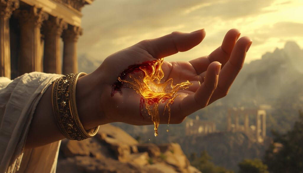 Μια κινηματογραφική κοντινή λήψη ενός χεριού που φοράει χρυσά βραχιόλια και χιτώνα, με μια βαθιά πληγή που αιμορραγεί με κόκκινο αίμα, ενώ μια χρυσή, λαμπερή ουσία που μοιάζει με φλόγα αναβλύζει από το κέντρο της πληγής, με ένα αρχαίο ελληνικό τοπίο στο βάθος.