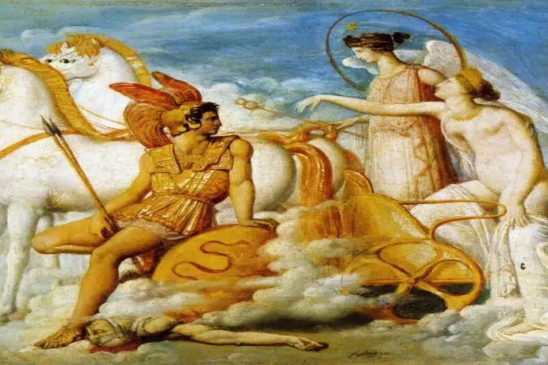 Ένας κλασικός πίνακας που απεικονίζει τον Έλληνα ήρωα Διομήδη να οδηγεί ένα άρμα με λευκά άλογα, ενώ επιτίθεται στην πληγωμένη θεά Αφροδίτη, με την Αθηνά να παρακολουθεί.