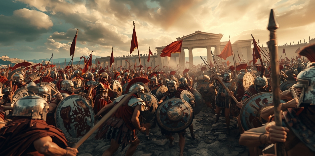 Αρχαίοι Έλληνες οπλίτες συγκρούονται σε μάχη κοντά στην Αμφίπολη το 422 π.Χ., με ασπίδες, δόρατα και ναό στο βάθος.