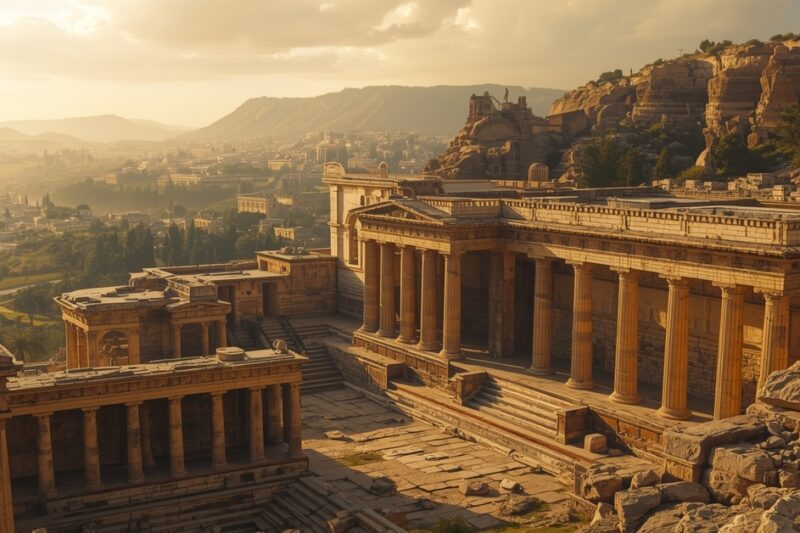 Αναπαράσταση της Μυκηναϊκής Θήβας με παλατιακό συγκρότημα στην Καδμεία, κίονες και μνημειακή αρχιτεκτονική της Εποχής του Χαλκού.