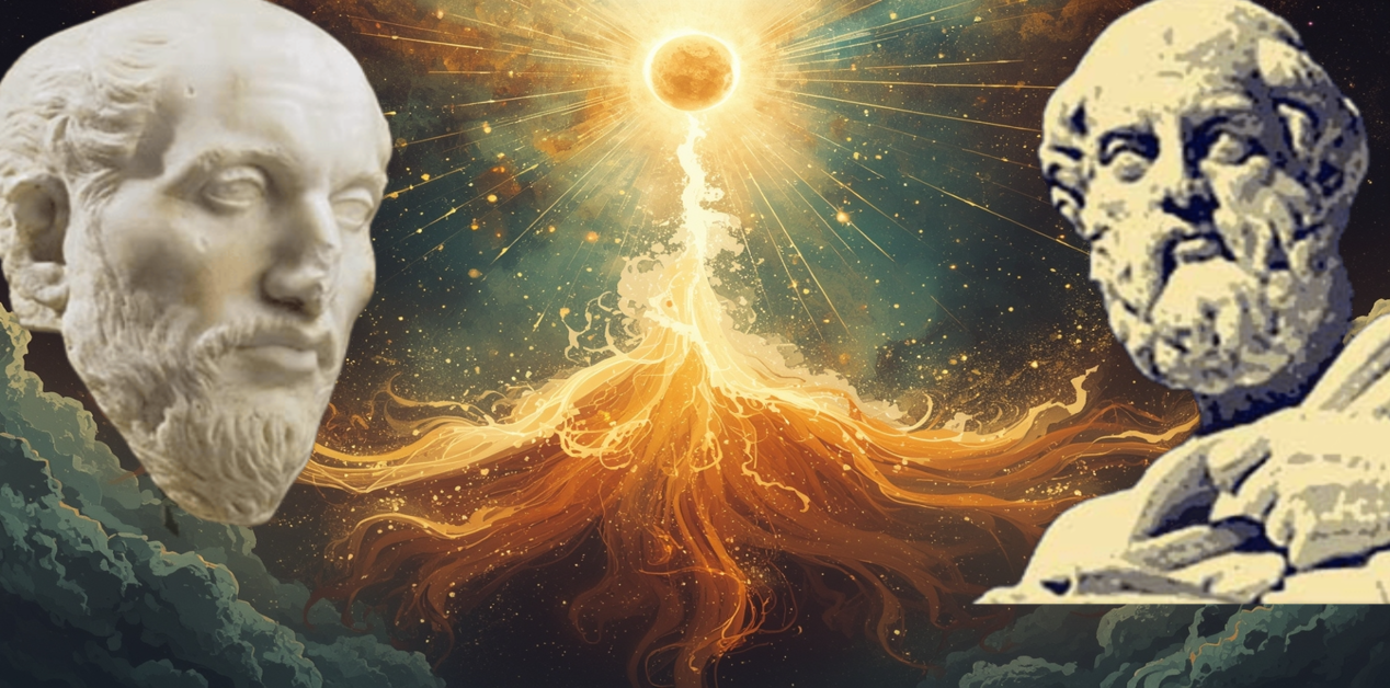 Ψηφιακή σύνθεση που απεικονίζει τις προτομές του Πλωτίνου και του Πλάτωνα ανάμεσα σε ένα εκθαμβωτικό κοσμικό φως που πηγάζει από έναν ήλιο.
