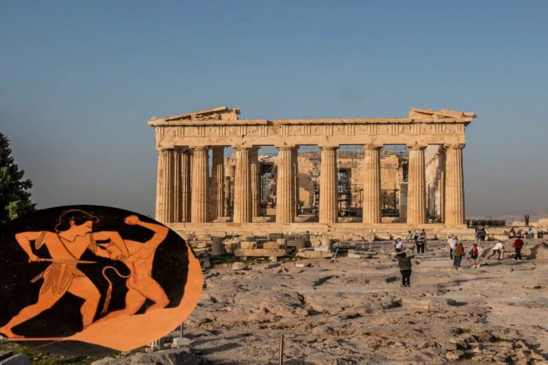 Η μεγαλύτερη νίκη του Θησέα δεν ήταν η δολοφονία του Μινώταυρου, αλλά η ένωση της Αθήνας - Φωτογραφία του Παρθενώνα στην Ακρόπολη με ένα ένθετο γραφικό από αρχαίο αγγείο που απεικονίζει σκηνή μάχης.
