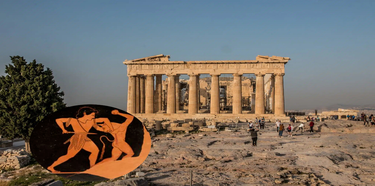 Η μεγαλύτερη νίκη του Θησέα δεν ήταν η δολοφονία του Μινώταυρου, αλλά η ένωση της Αθήνας - Φωτογραφία του Παρθενώνα στην Ακρόπολη με ένα ένθετο γραφικό από αρχαίο αγγείο που απεικονίζει σκηνή μάχης.